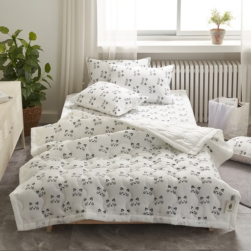 패브릭아트 시원한 여름 스노우리플 누빔 이불 + 패드 + 베개커버 세트 고양이