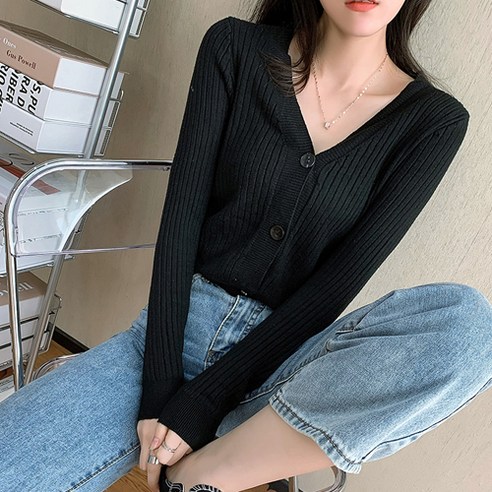 유니제이 여성용 제라스 브이넥 골지 가디건