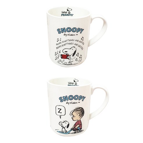 스누피 빈티지 머그컵 300ml x 2종 세트, 스누피 아코디언, 라이너스, 1세트