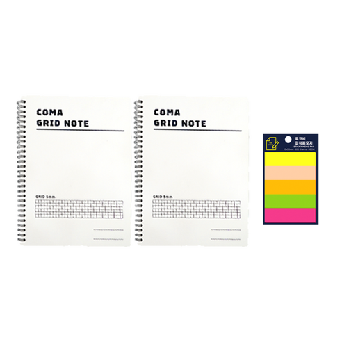 동아 코마 그리드노트 스프링 2p + 투코비 스티키 메모 패드 5색 혼합 15 x 50 mm 500p 세트, 화이트(노트), 1팩