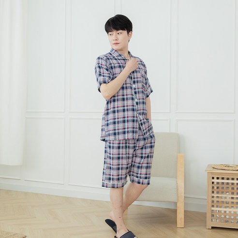씨엘스토리 남성용 라인체크 인견 반팔잠옷 상하세트