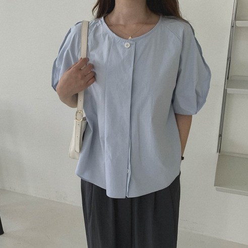 여성용 라그미 노카라 핀턱 코튼 블라우스