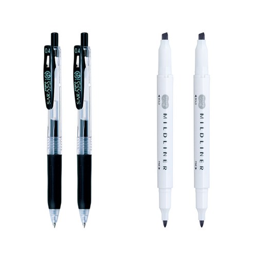 제브라 마일드라이너 마카 2p + 사라사 클립 볼펜 0.4mm 2p 세트, 그레이(마일드라이너), 검정(볼펜), 1세트