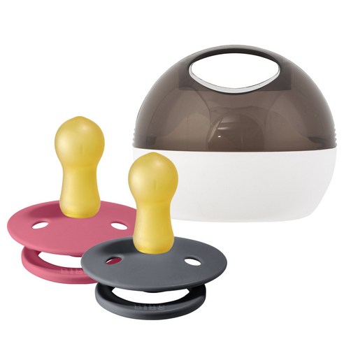 BIBS 컬러 고무 쪽쪽이 2종 + 아우터 케이스 세트, 2단계, 코랄, 아이언