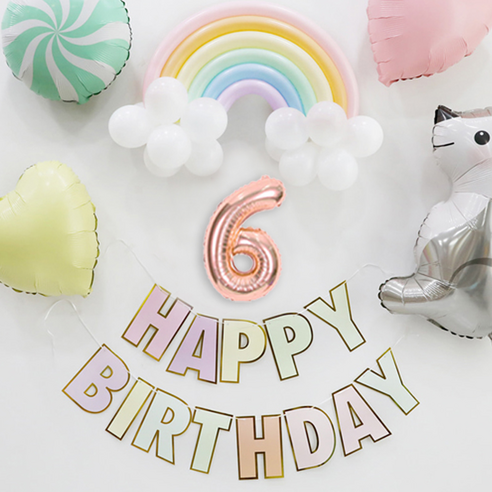 e베이비랜드 무지개 생일 숫자풍선 소 + 생일가랜드 세트, 파스텔(무지개 풍선), 로즈골드(숫자풍선6)