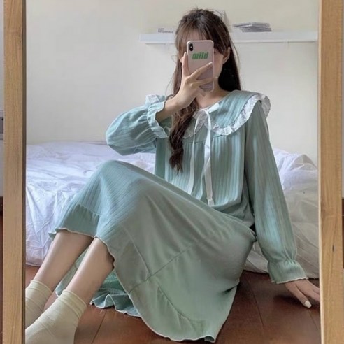 쿠밍 여성 루즈핏 프릴 파자마 긴팔 원피스 잠옷