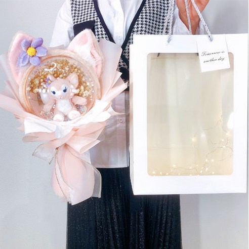프리워 발렌타인데이 머리띠 꽃다발 선물 16cm, 핑크고양