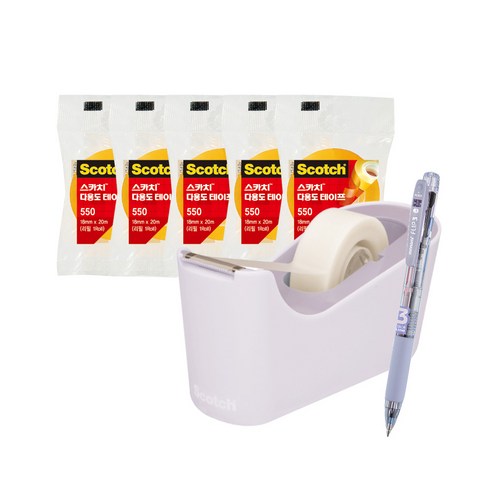 쓰리엠 스카치 탁상용 테이프 디스펜서 C18 + 다용도 테이프 리필 550 18mm x 20m 5p + 모나미 플립 3색 볼펜 0.5mm 세트, 라벤더(디스펜서), Lavender(볼펜), 1세트