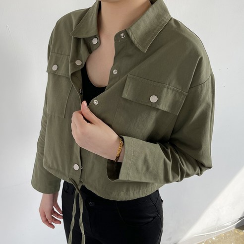 빼빼 여성용 카라넥 스트링 크롭 셔츠형 면자켓