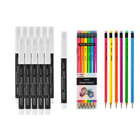 문화연필 하양마카펜 12p + 투코비 코마 삼각 지우개 연필 TC-208 B 12종, 하양색(마카), 혼합색상(연필), 1세트