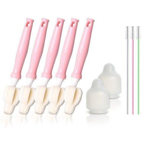 하이비 젖꼭지 세척 솔 브러쉬 5p + 먼지캡 2p + 빨대솔 3p, 1세트, 라이트핑크