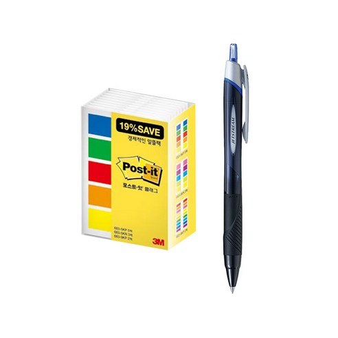 유니 제트스트림 볼펜 0.5mm + 알뜰 플래그 포스트잇 세트, 블루(볼펜), 683 알뜰팩(포스트잇), 1세트