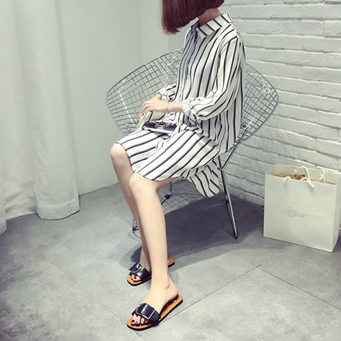패션나비 세로 스트라이프 포인트 빅사이즈 임산부 긴팔 셔츠 원피스