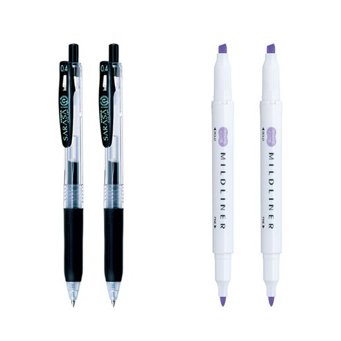 제브라 마일드라이너 마카 2p + 사라사 클립 볼펜 0.4mm 2p 세트, 바이올렛(마일드라이너), 검정(볼펜), 1세트