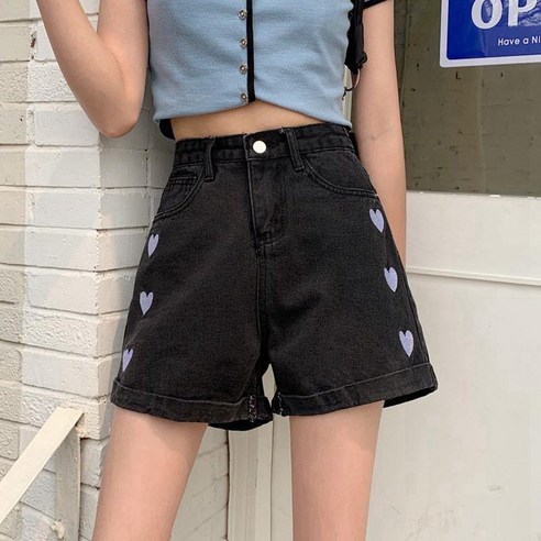 마더브띠 여성용 하트자수 유니크 A라인 청반바지