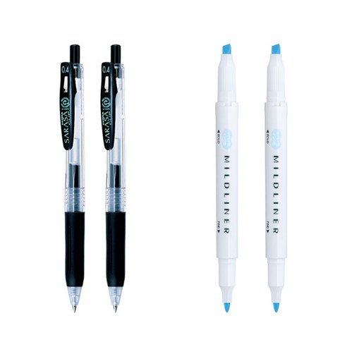 제브라 마일드라이너 마카 2p + 사라사 클립 볼펜 0.4mm 2p 세트, 블루(마일드라이너), 검정(볼펜), 1세트
