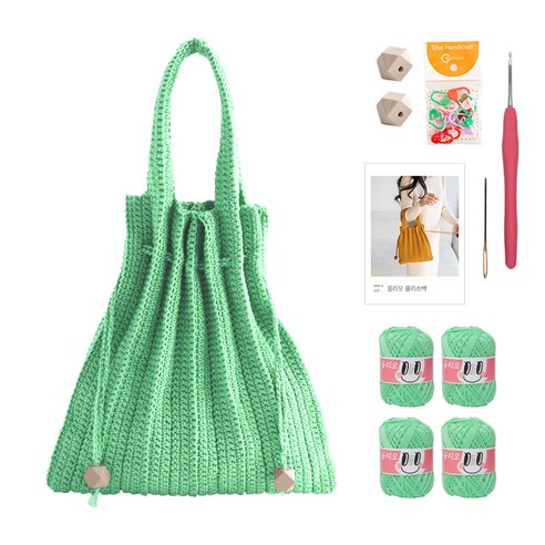 yarna 올리오 단색 플리츠백 DIY 패키지 S, 746 에메랄드그린(뜨개실), 베이지(우드볼), 랜덤발송(단수링), 1세트