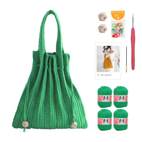 yarna 올리오 단색 플리츠백 DIY 패키지 S, 745 그린(뜨개실), 베이지(우드볼), 랜덤발송(단수링), 1세트