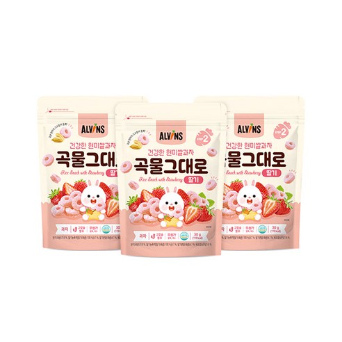 엘빈즈 건강한 현미쌀과자 곡물그대로, 딸기맛, 3개, 30g