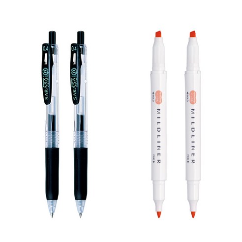 제브라 마일드라이너 마카 2p + 사라사 클립 볼펜 0.4mm 2p 세트, 애프리콧(마일드라이너), 검정(볼펜), 1세트