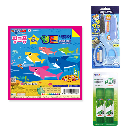 종이나라 핑크퐁 아기상어 양면 색종이 200매 + 고쿠요 SAXA 플라이 캡 가위 블루 + 나라풀 15g x 2p 세트, 1세트, 20색