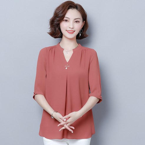 아이엠몽 여성용 브이넥 진주 쉬폰 데일리룩 홀알드 7부 블라우스