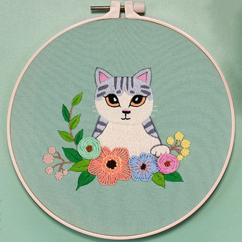 위즈앤위즈 누구나 DIY 프랑스자수 패키지 20cm, 1세트, 꽃고양이04
