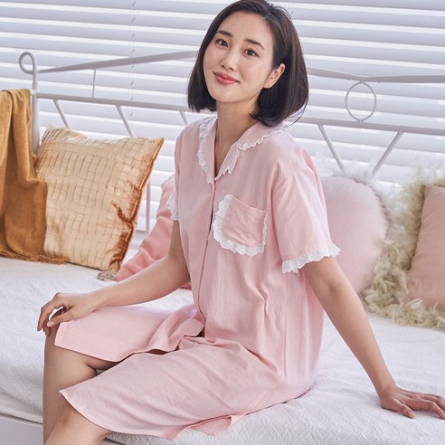 도씨 여성용 순면 올버튼 레이스 원피스 잠옷