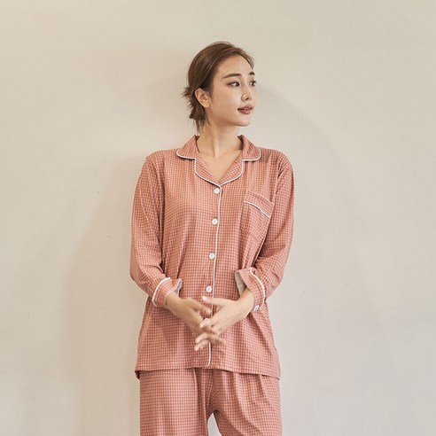 도씨 여성용 피치기모 긴팔 카라 잠옷 세트