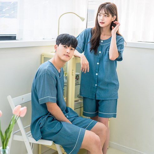 커플용 인견 라운드 홈웨어 잠옷 파자마 상하 세트