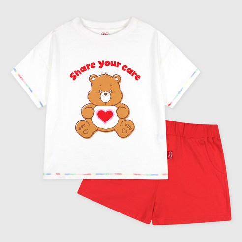 아동용 케어베어 텐더하트베어 레인보우 배색 상의 + 하의 세트