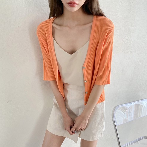 여성용 로링 골지 반팔 가디건
