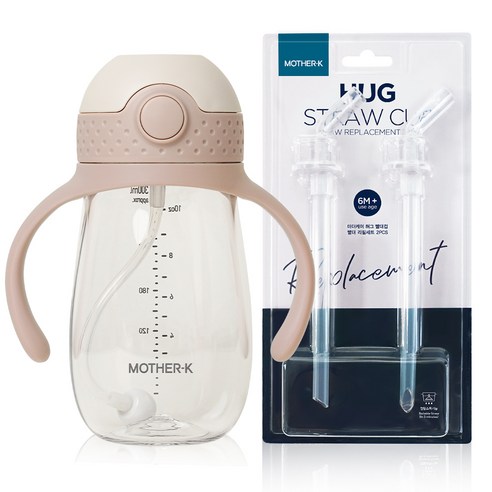 마더케이 유아용 허그 추 빨대컵 300ml + 빨대 리필 2p 세트, 1세트, 핑크베이지
