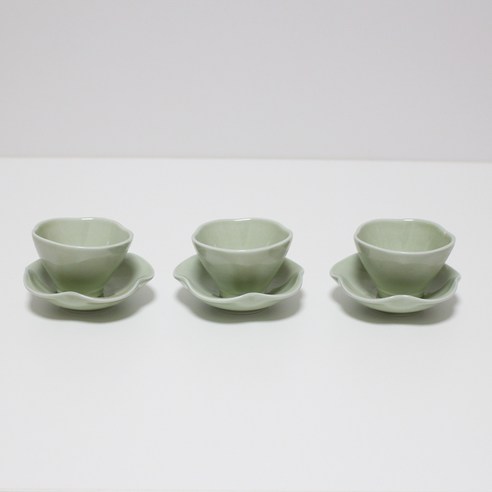 달소금 국산 예쁜 도자기 다기 유광 꽃잎 찻잔세트, 라이트그린, 3세트