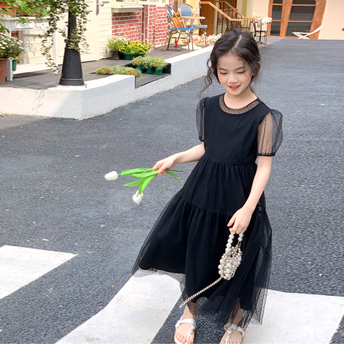 미소파파 여아용 냉감 통기성 프린 퍼프숄더 도트 롱 원피스