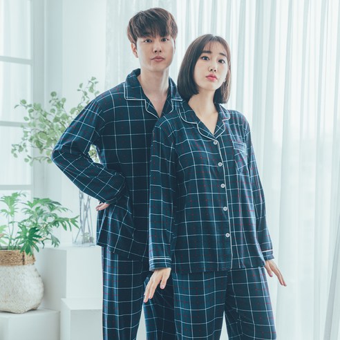 도씨 커플용 피치기모 긴팔 카라 잠옷 상하의 2종 세트