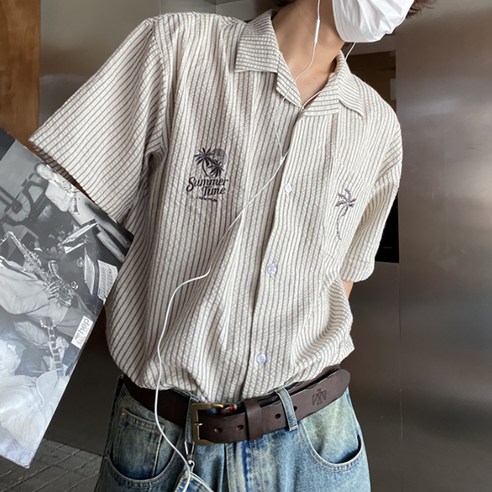 남성용 DM 썸머 야자수 반팔셔츠