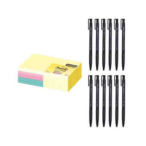 신지 제로볼 유성볼펜 1.0mm 12p + 알뜰 포스트잇 세트, 블랙(볼펜), SSN654-10A(포스트잇), 1세트