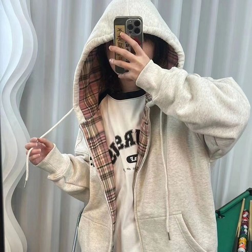 피어니스트 격자 체크 포켓 오버핏 스포티 후드집업