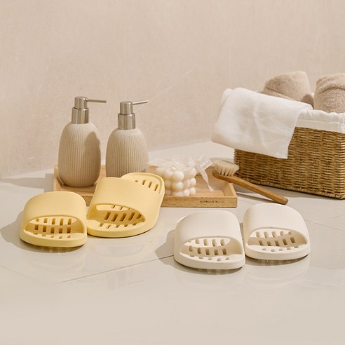 샤바스 국내산 부드러운 플랫 물빠짐 욕실화, 화이트 + 버터, 1세트