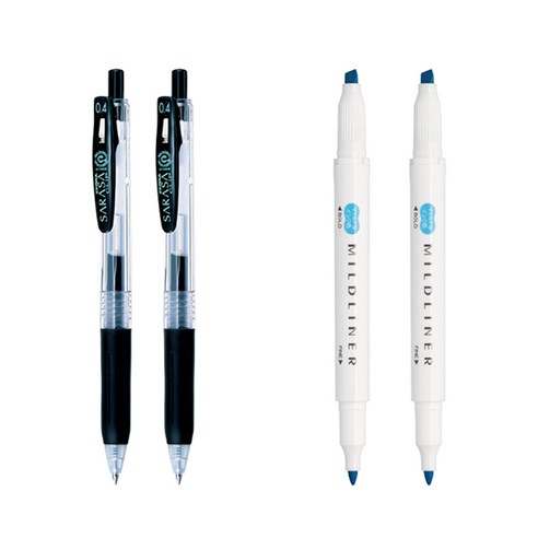 제브라 마일드라이너 마카 2p + 사라사 클립 볼펜 0.4mm 2p 세트, 시안(마일드라이너), 검정(볼펜), 1세트