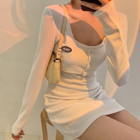 구디프 여성용 스퀘어넥 슬림핏 긴팔 원피스