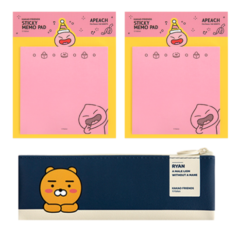카카오프렌즈 미니 플랫 펜슬케이스 + 해피모먼트 정사각 점착 메모지 2p, 라이언(펜슬케이스), 어피치(점착메모지), 1세트