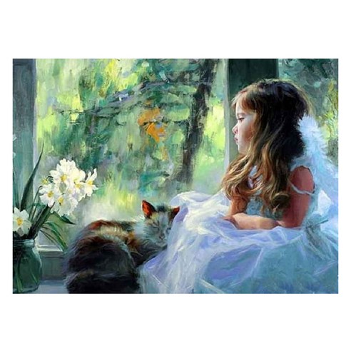 케이엠엘리 일체형 캔버스 액자 3D 원형 보석십자수 키트 50 x 40 cm, 소녀의 기다림, 1세트
