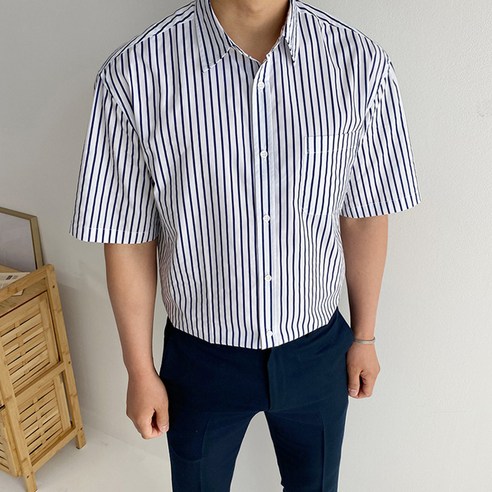 머시따 남성용 포켓 스트라이프 반팔 셔츠