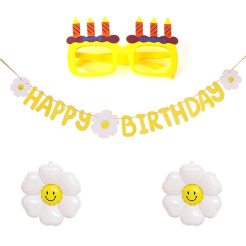 JOYPARTY 데이지생일가랜드 + 풍선 소형 2p + 생일촛불 안경 세트, 옐로우(안경), 1세트