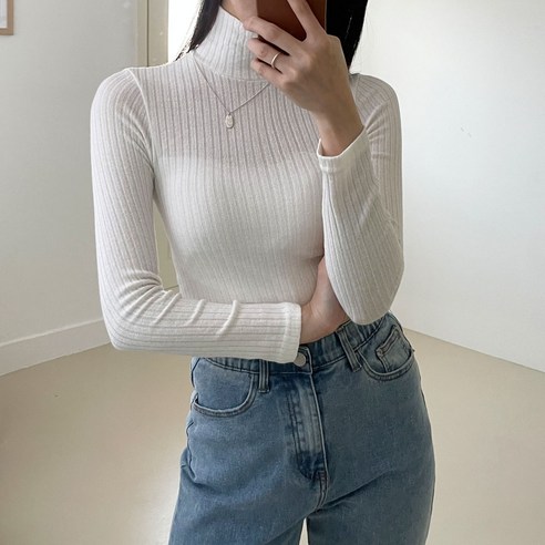 플랜데이 여성용 베이직 슬림핏 마카롱 골지 폴라 티셔츠 2p