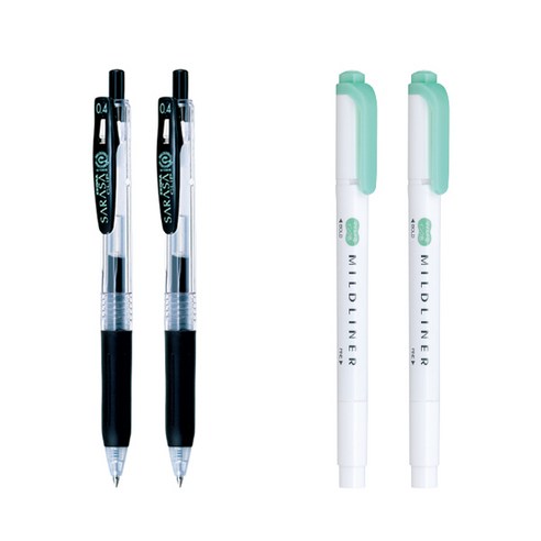 제브라 마일드라이너 마카 2p + 사라사 클립 볼펜 0.4mm 2p 세트, 블루그린(마일드라이너), 검정(볼펜), 1세트