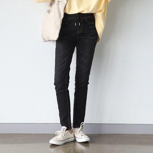 빼빼 여성용 데일리 허리밴딩 워싱 일자 스판데님 팬츠