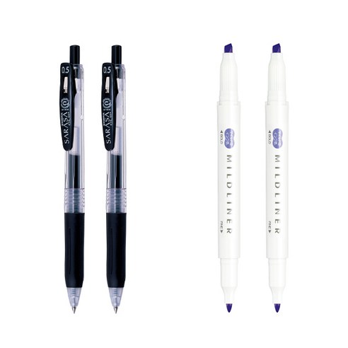 제브라 마일드라이너 마카 2p + 사라사 클립 볼펜 0.5mm 2p 세트, 라벤더(마일드라이너), 검정(볼펜), 1세트